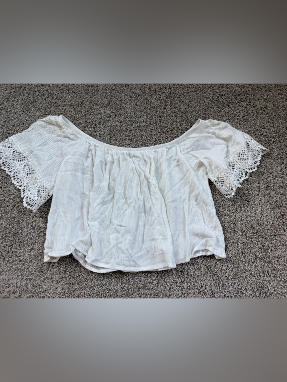 Ambiance White Off-the-Shoulder Crochet Lace Sleeve Crop Top Semi Sheer